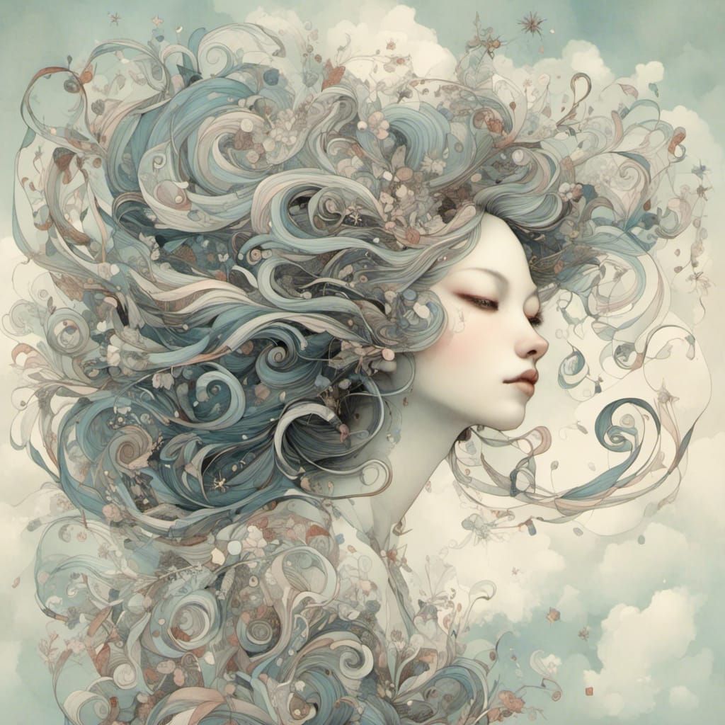 Woman with Cloud Hair, Whimsical AI Art