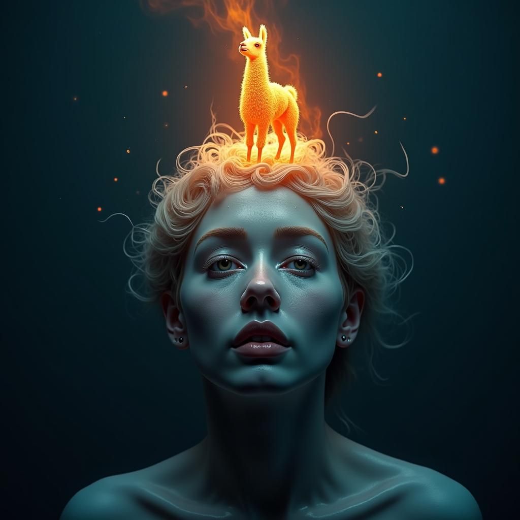 Surreal Melting Woman with Fiery Llama, Fantasy Art