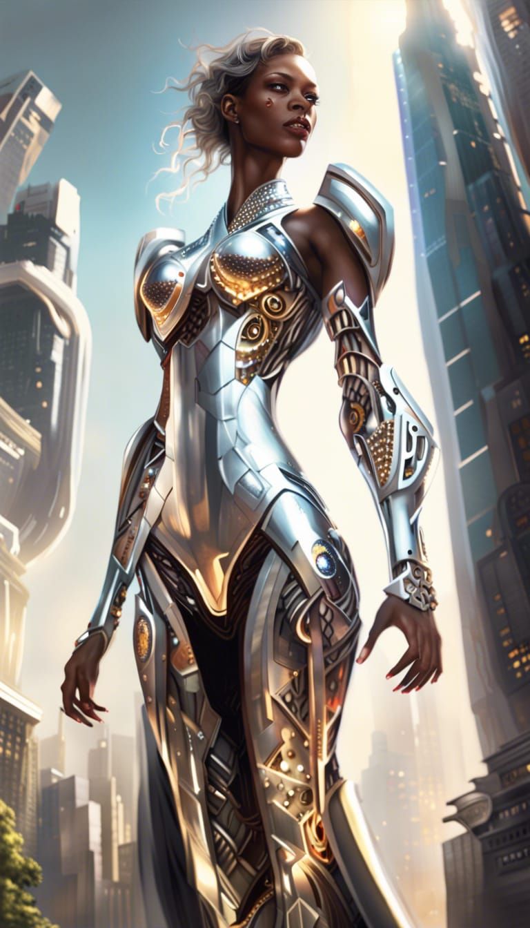 Cyborg Woman in Futuristic Cityscape
