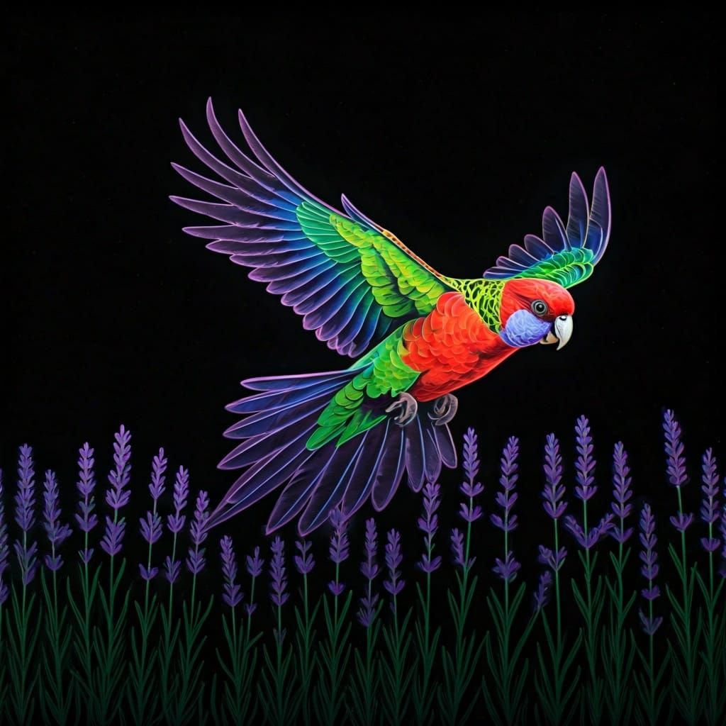 Rosella Parakeet Soaring Over Lavender Field