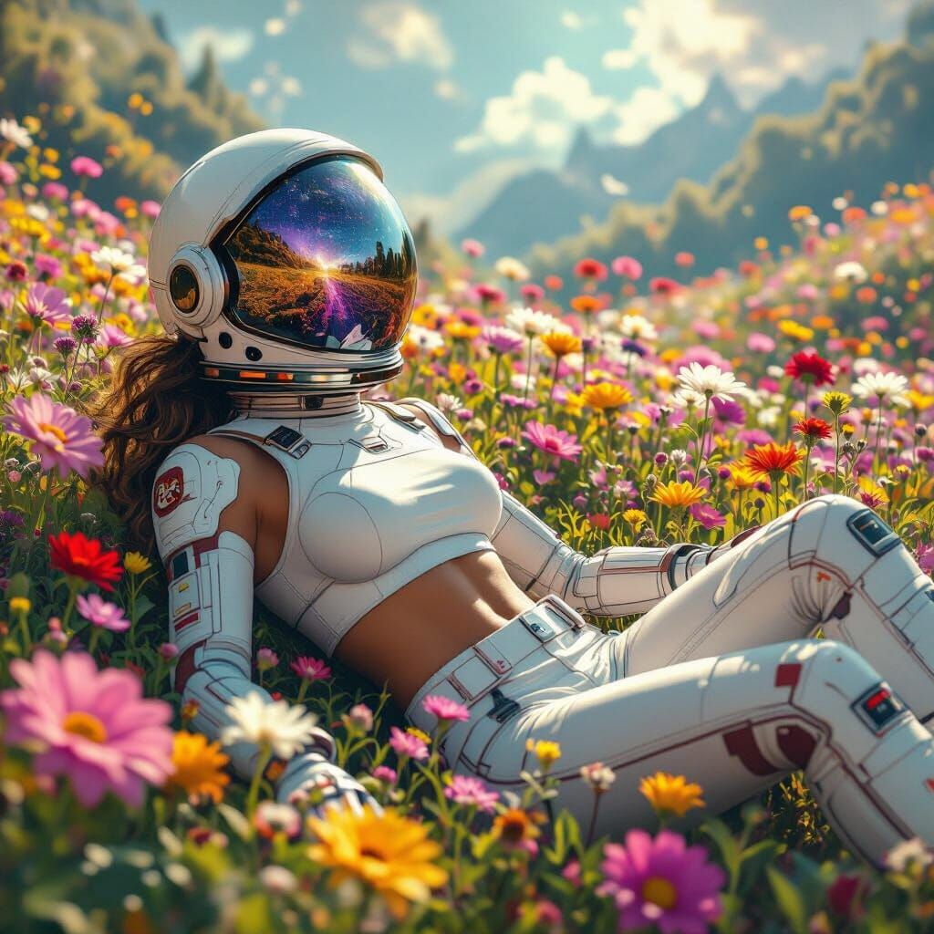 Astronaut in Cosmic Garden, Matte Painting Style