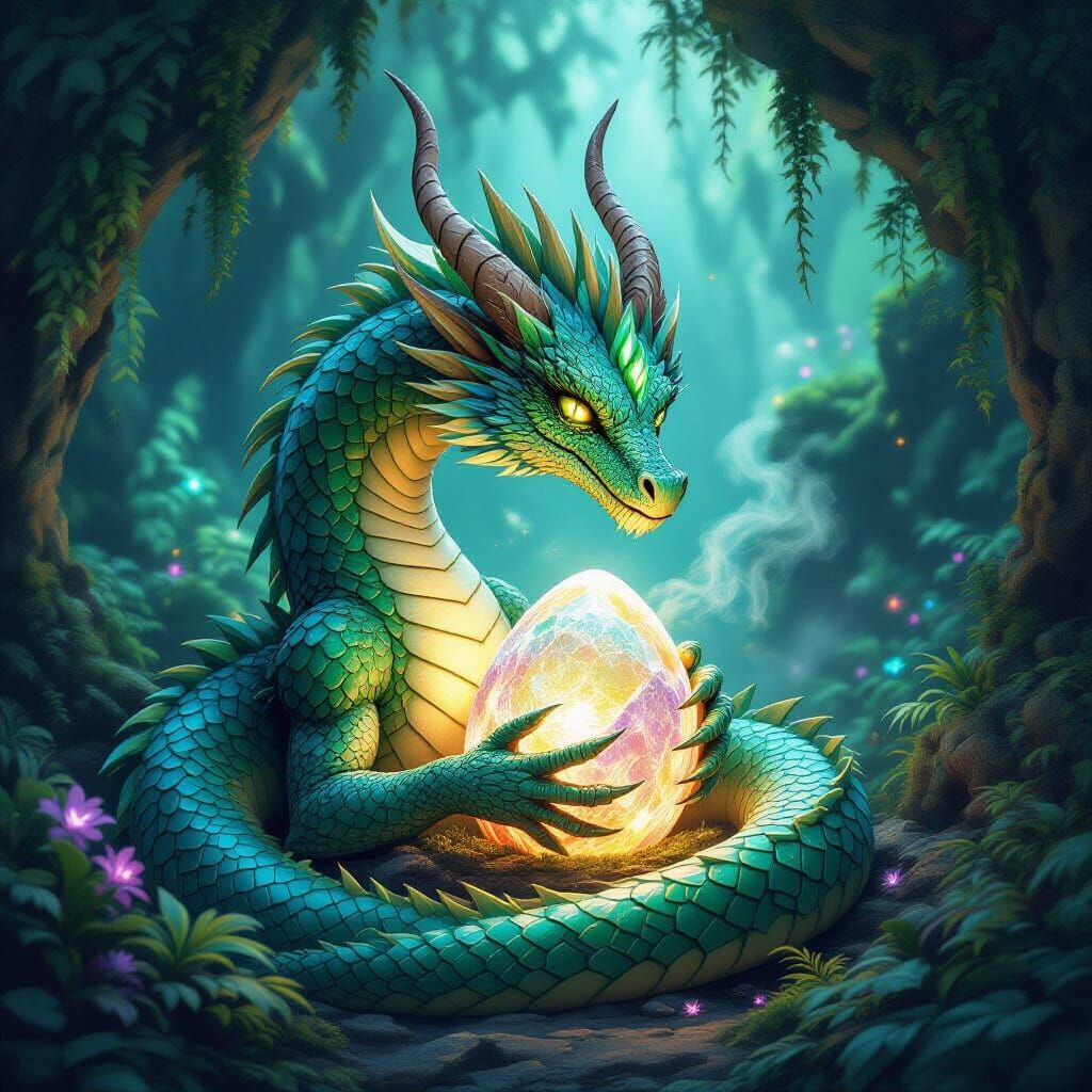 Emerald Dragon Guardian in Bioluminescent Grotto