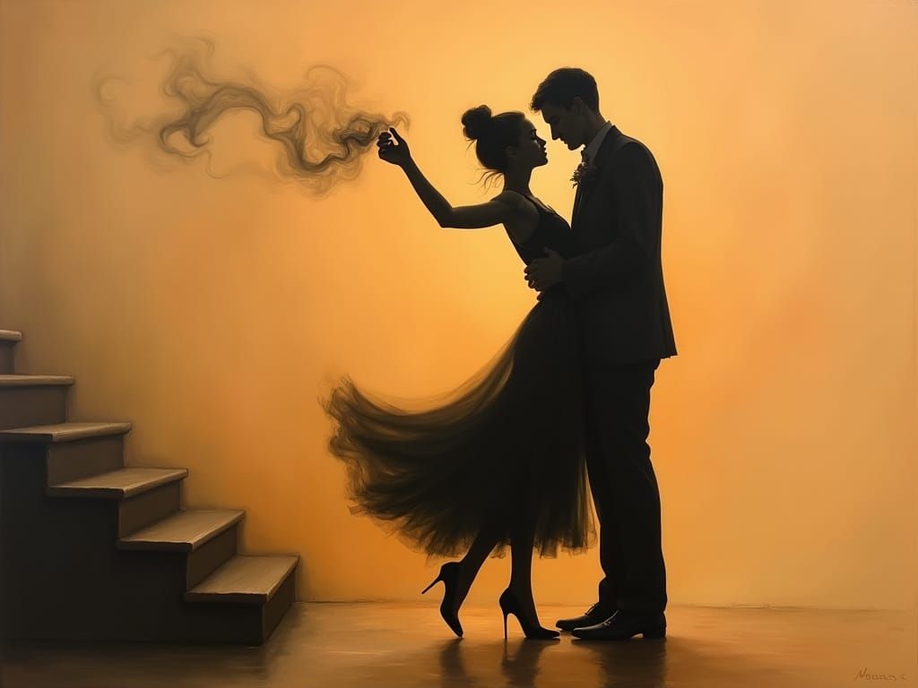 Smoky Couple Dancing in Warm Impressionistic Oil Painting
