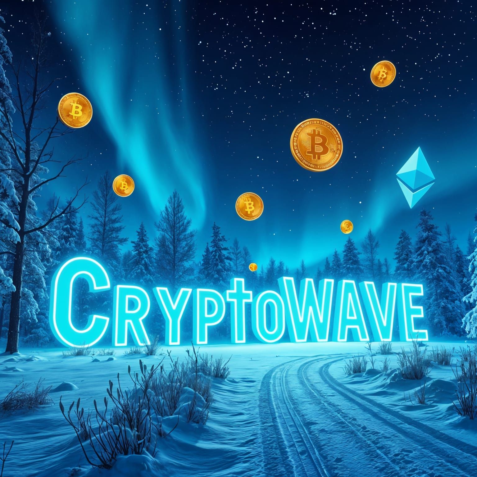 Synthwave Album Cover with Crypto and Winter Landscape