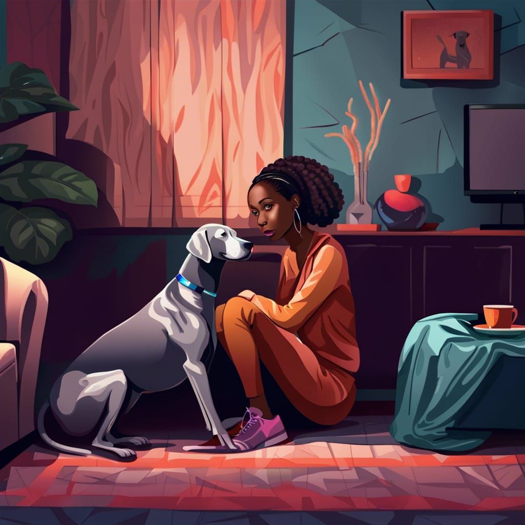 Depressed Woman with Dog: Digital Cel Shading Art