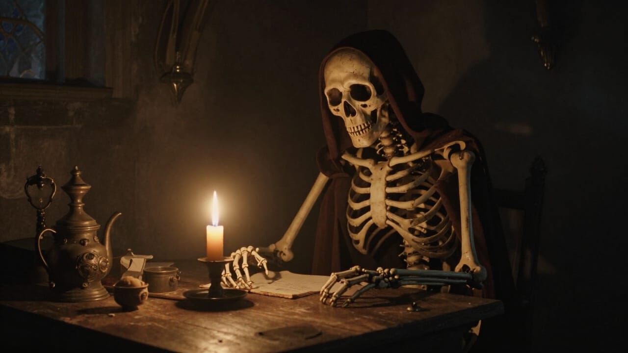 Skeleton Studying by Candlelight in Gothic Style