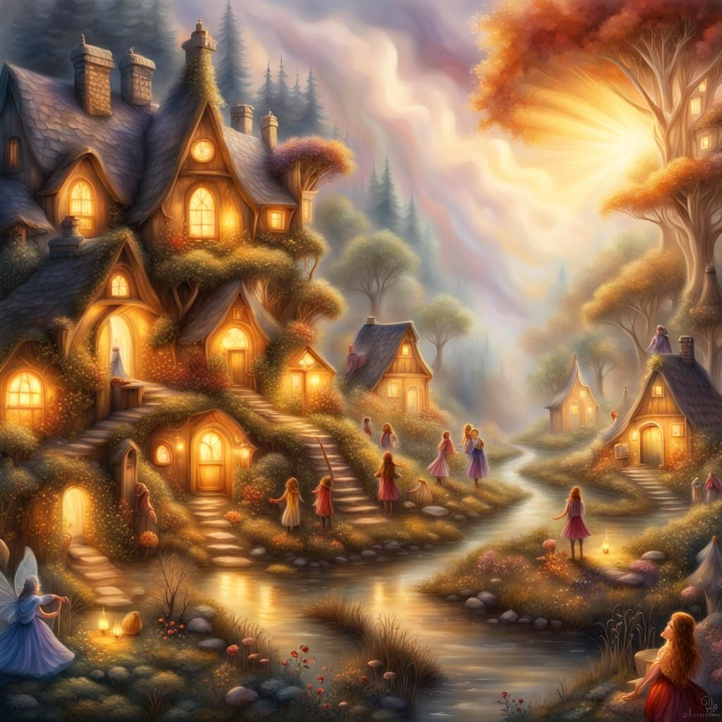 Enchanted Fairy Village Yule Festival in Folk Art Style