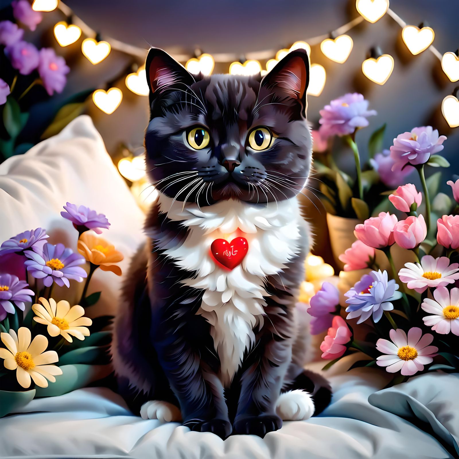 Cute Cat Surrounded by Flowers and Lights