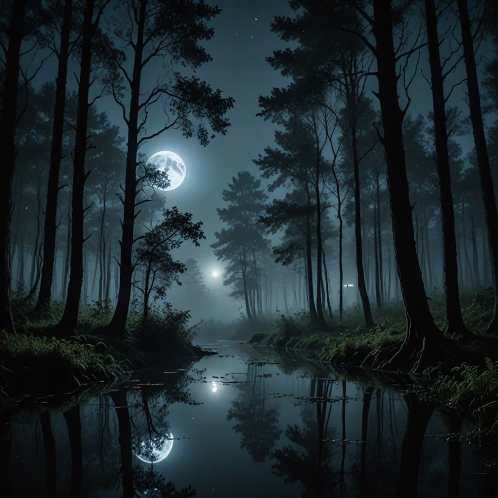 Eerie Foggy Forest at Night with Moon Reflection and Orbs