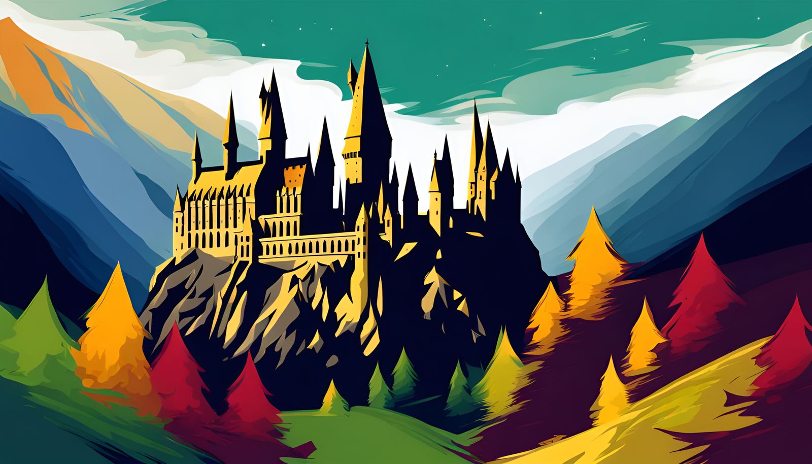 Hogwarts Castle in Valley: Abstract Art Landscape