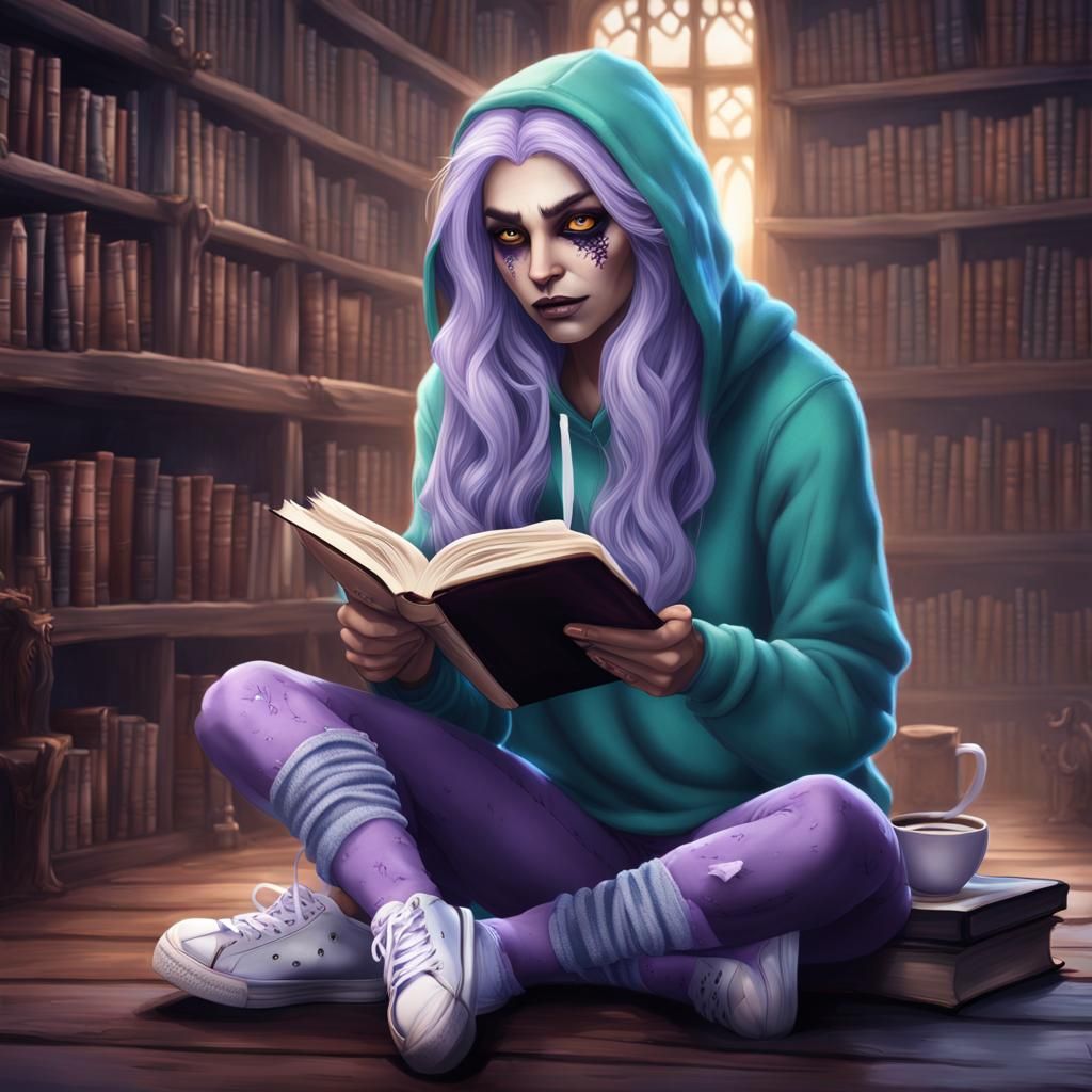 Night Elf Reading in Fantasy Library, Digital Art