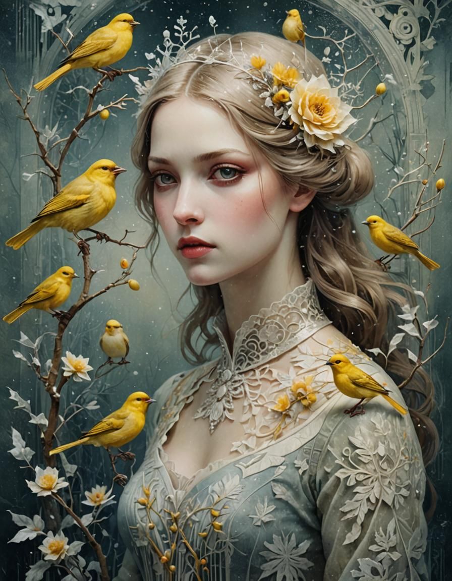 Eerie Romantic Canary Portrait in Mixed Media