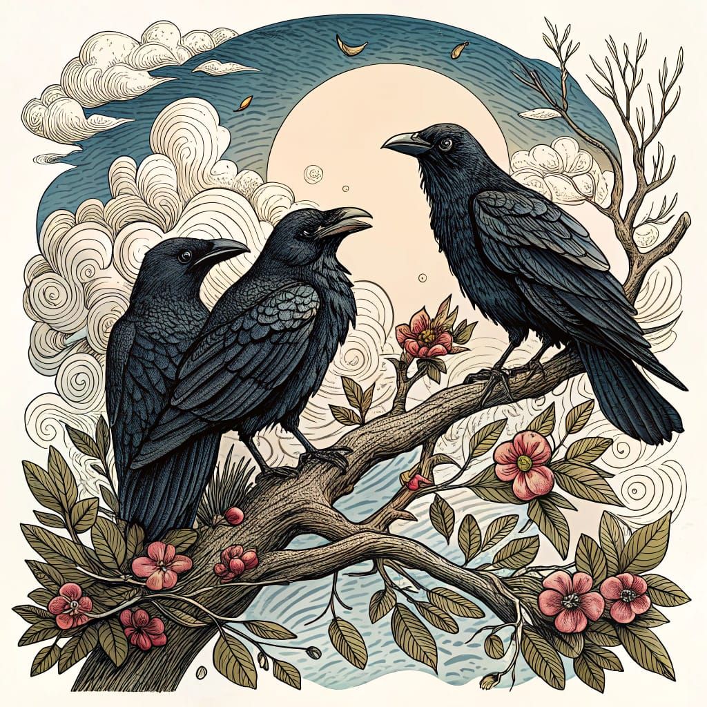 Mysterious Crows perched on Branch in a Whimsical Woodcut St...
