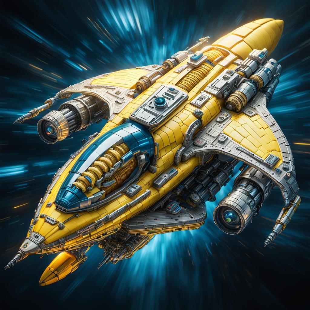 Biomechanical Banana Spaceship in Light Painting Style