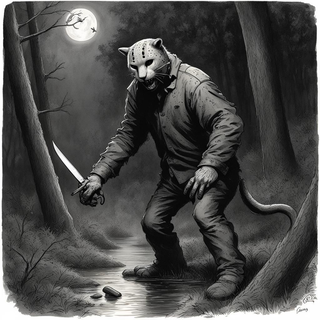 Jason and Freddy Horror Scene as Dark Engraving