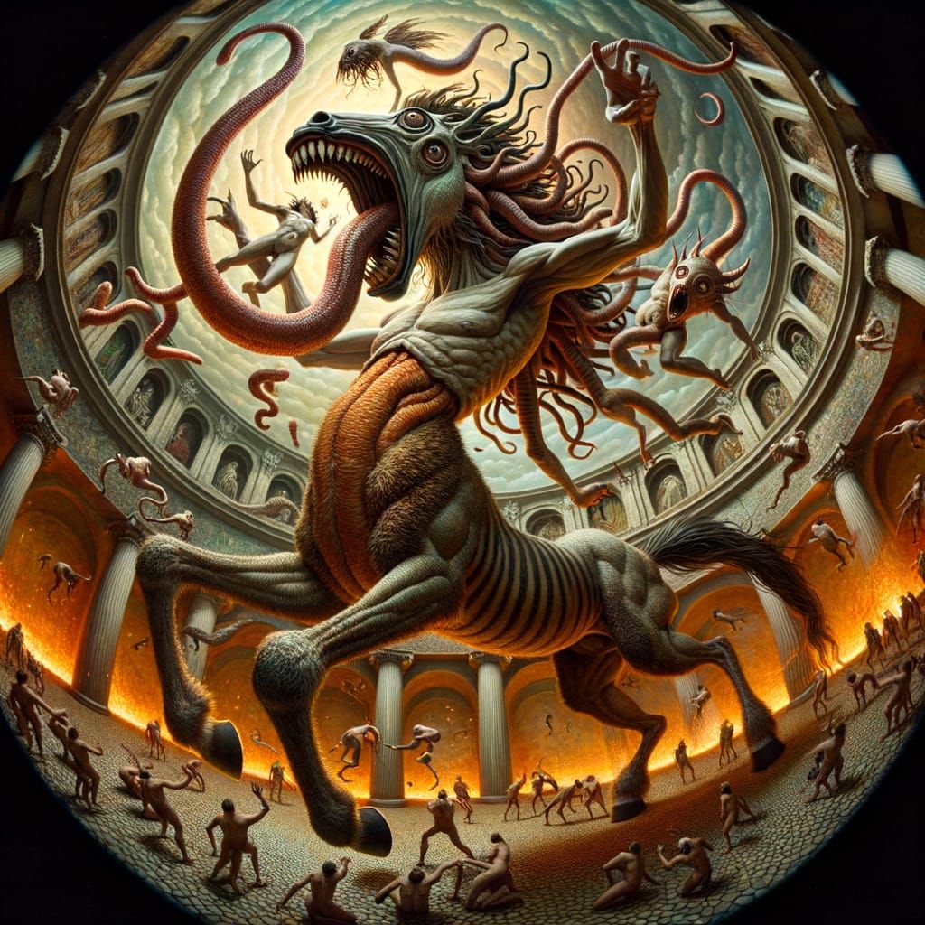 Surreal Composite Creature Dancing Under Fiery Arrows