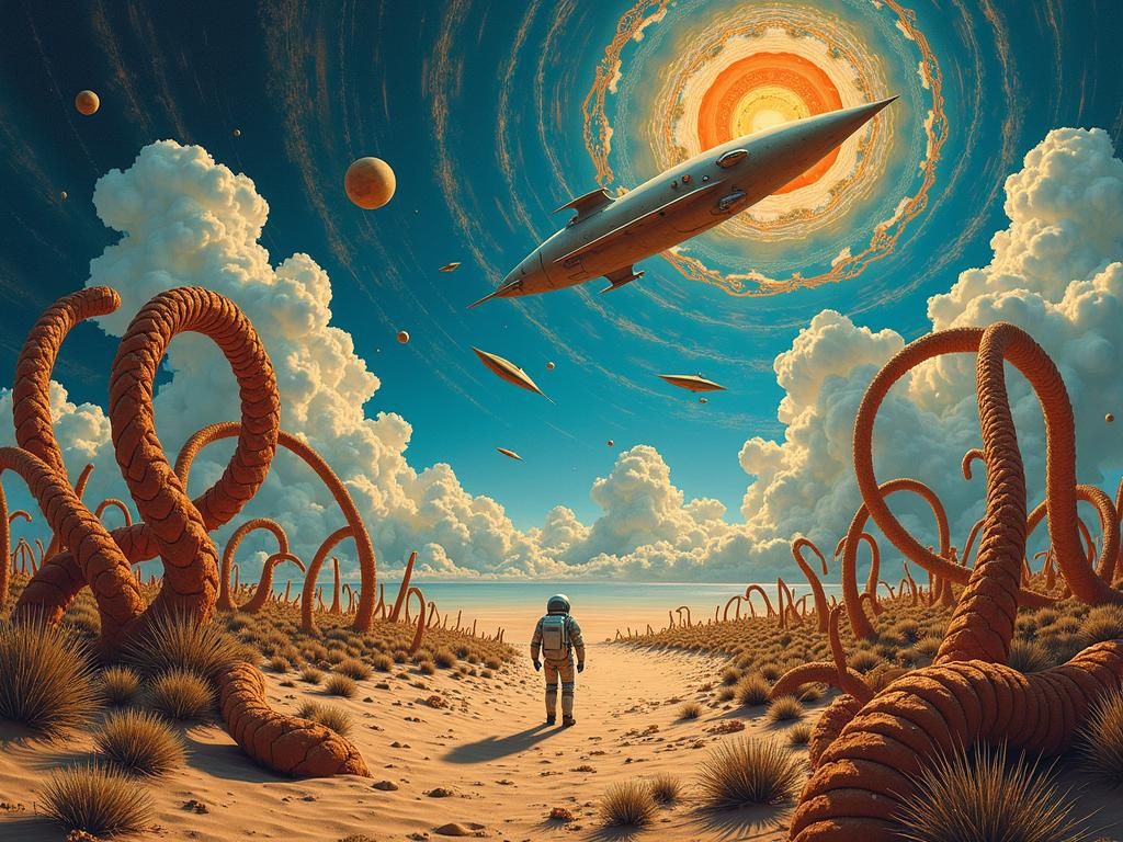 Surreal Landscape with Elastic Flora and Astronaut