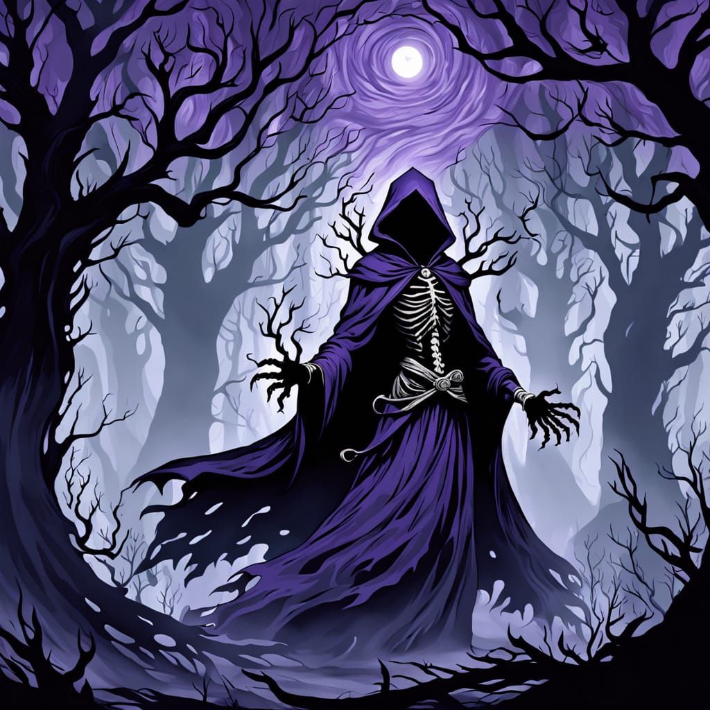 Spectral Witch Conjures Arcane Energy in Ancient Forest