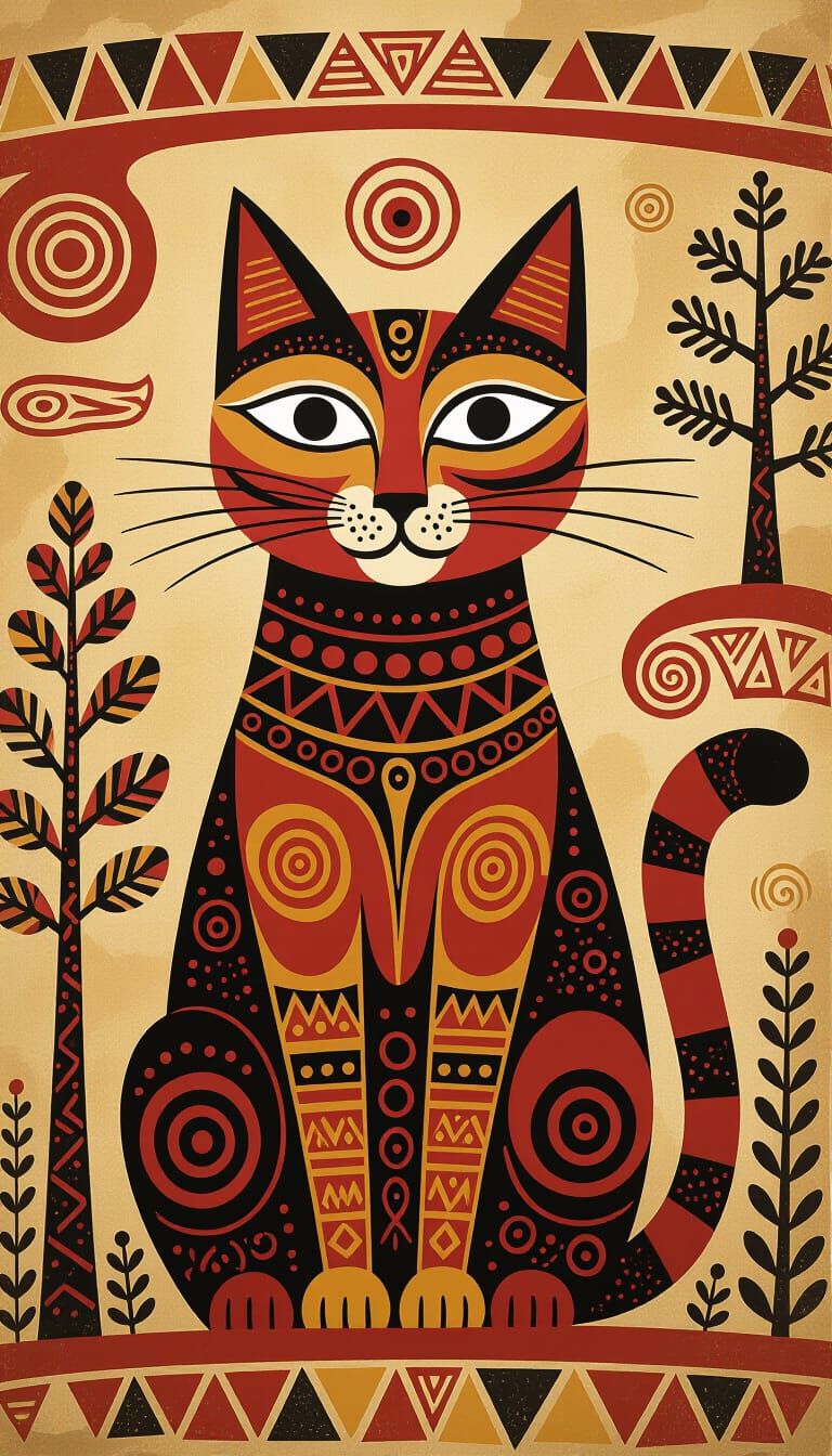 Mystical Cat in Prehistoric Cave Art Style