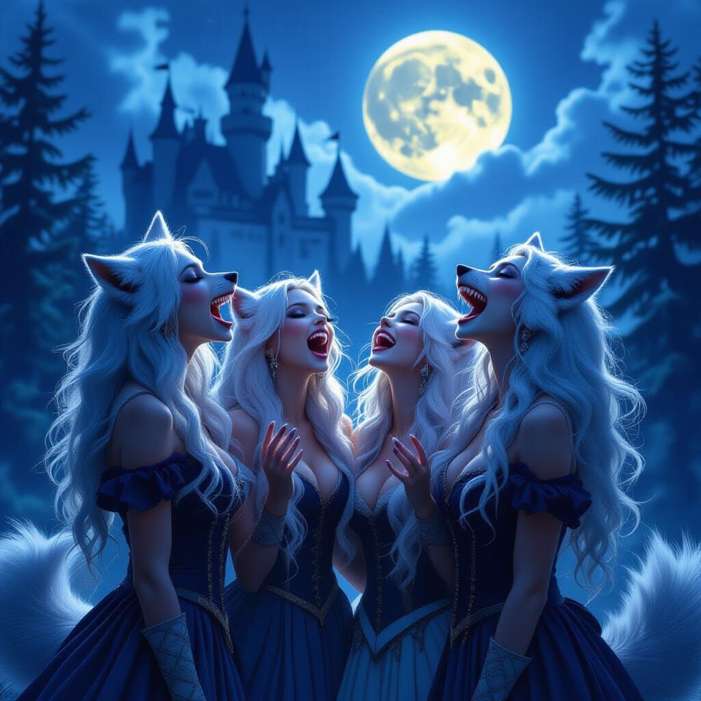 Werewolf Girls Howling at Moonlit Castle