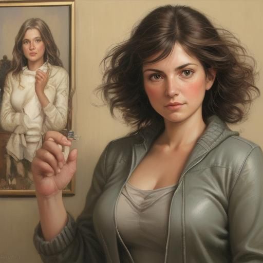 Happy Woman Shopping with Daughters, Oil Painting