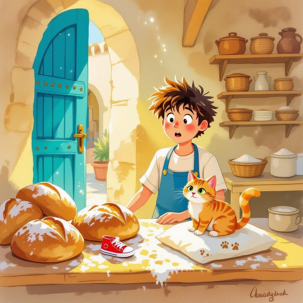 Sunlit Tunisian Bakery Scene with Mischievous Cat as Waterco...