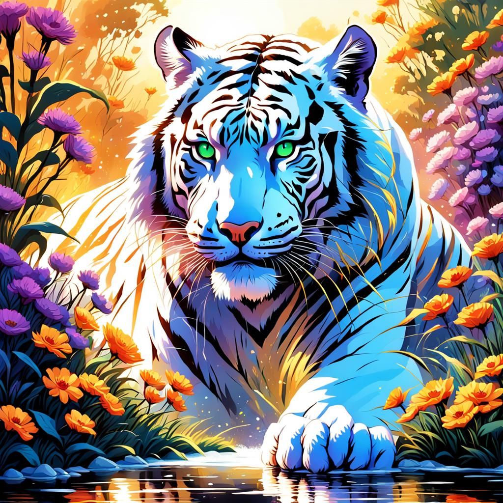 Majestic White Tiger in a Field of Flowers