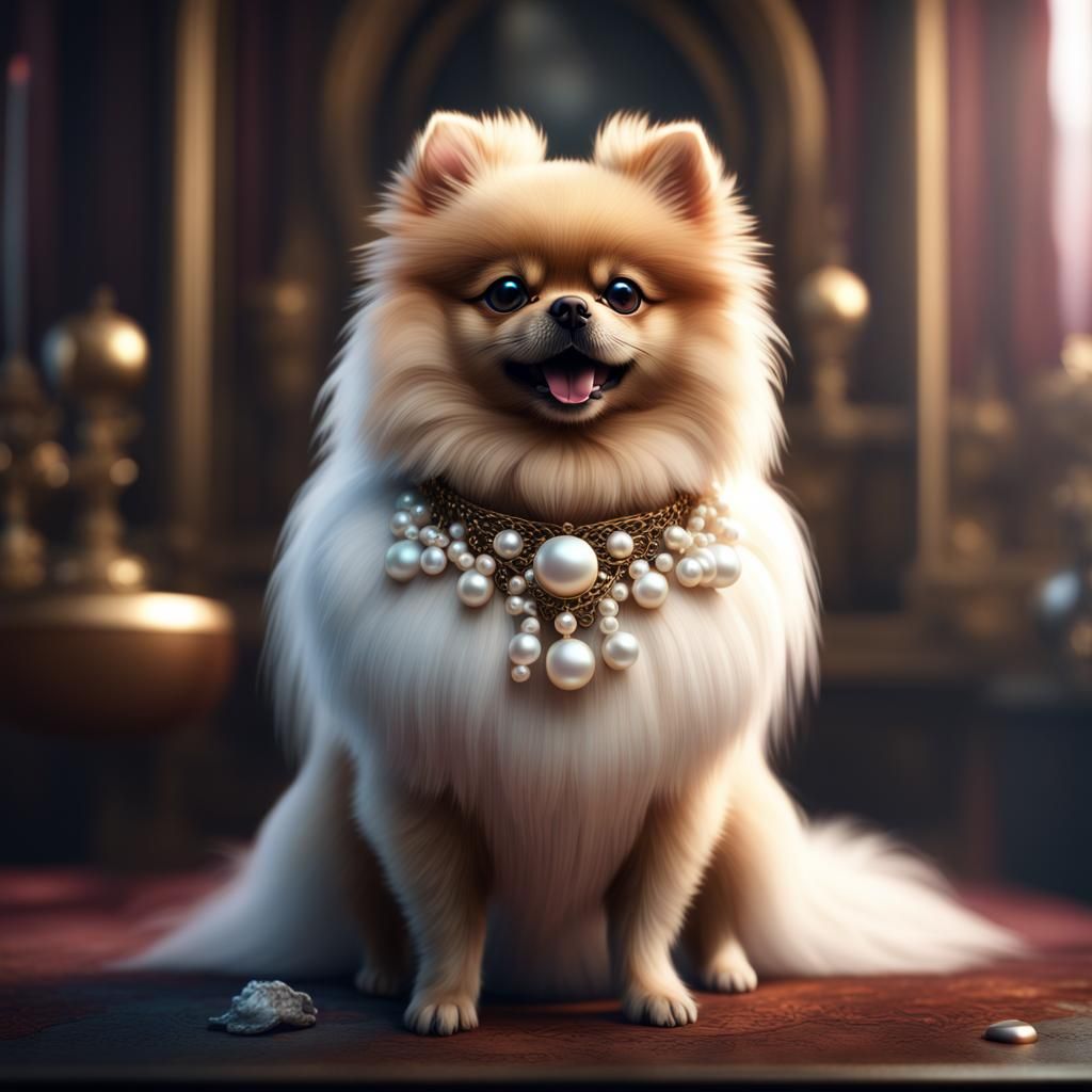 Pomeranian with Pearl Collar in Detailed Matte Painting
