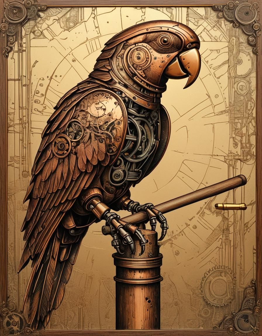 Robot Parrot in Copperplate Etching, Victorian Style