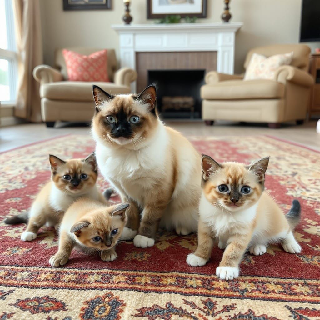 A mother ragdoll cat and her kittens are playing on an oriental rug in the living room.
