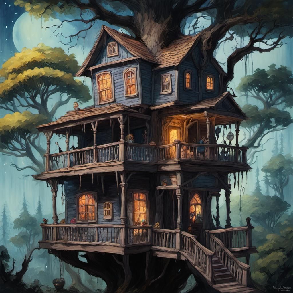 Eerie Forest Dollhouse in Gouache and Watercolor Style