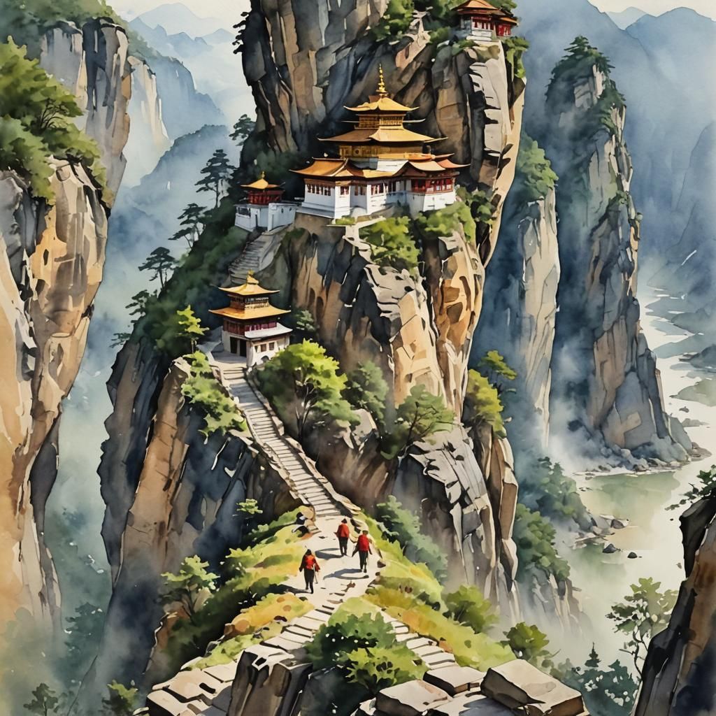 Hikers Approach Cliffside Monastery: Watercolor Painting