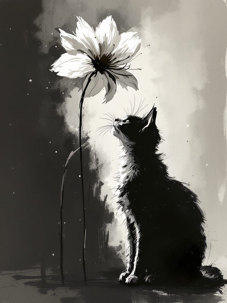 Fashion Editorial Cat with Gestural Strokes and Flickering L...