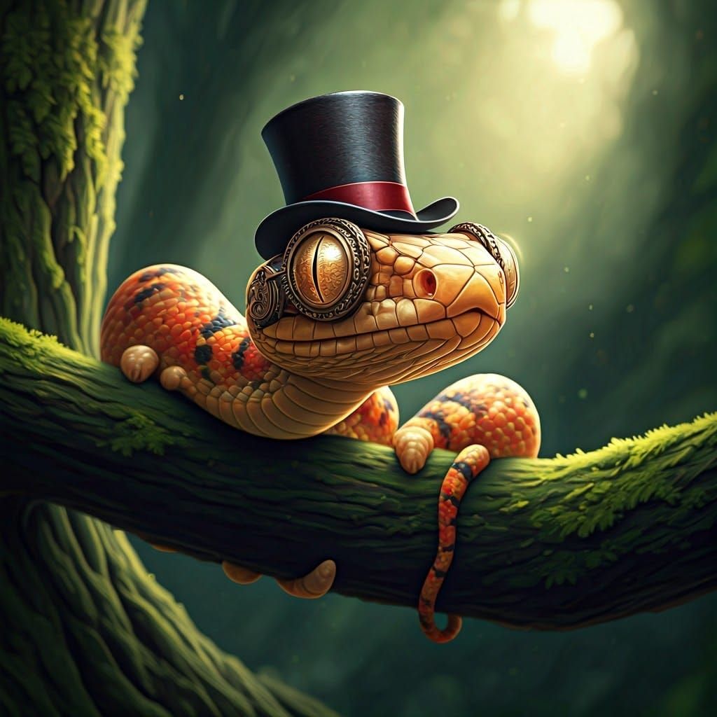 Steampunk Snake in Tree, Oil Painting Style