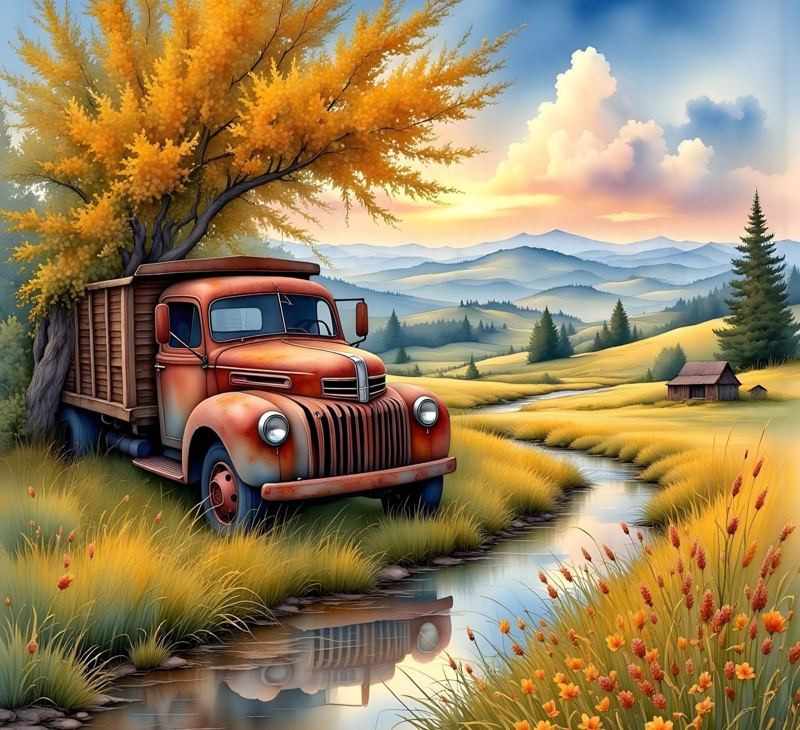 Autumn Landscape with Abandoned Ford Truck