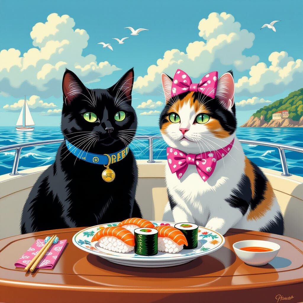 Cats Enjoying Sushi on Yacht, Murakami Style