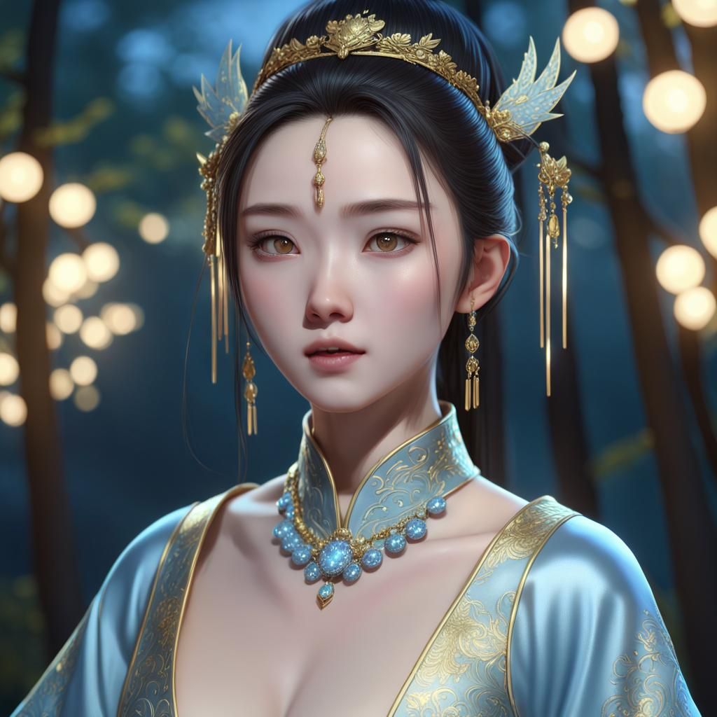 closeup upper body portrait xianxia wuxia chinese princess woman in the night" twinkling lights jewelry | short_neck | s...