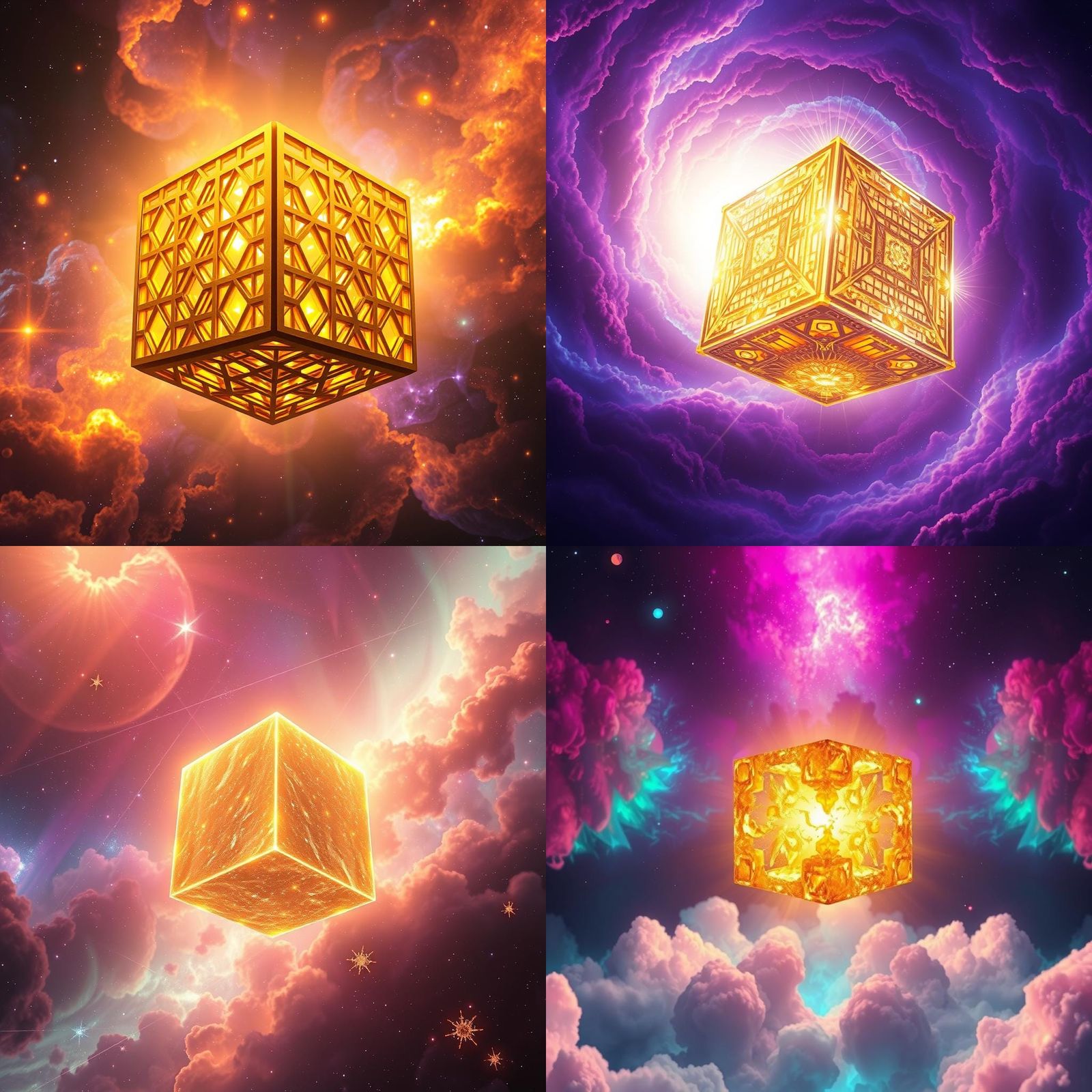 Golden Cube in Cosmic Nebula: Fantasy Concept Art