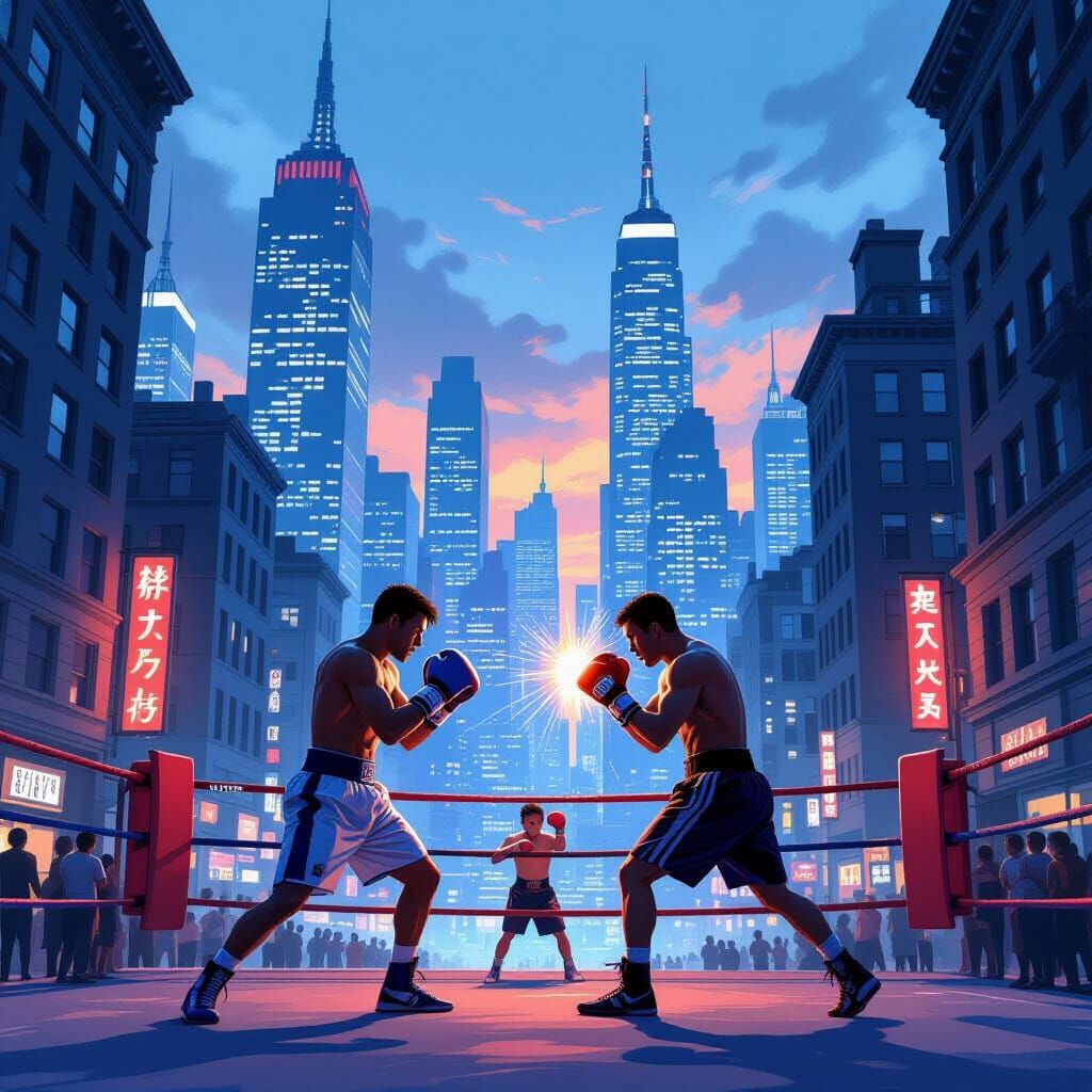 Urban Boxers Train at Twilight Amidst Neon Cityscape