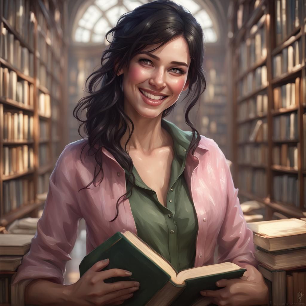 Attractive Woman Reading in Library: Hyperdetailed Portrait
