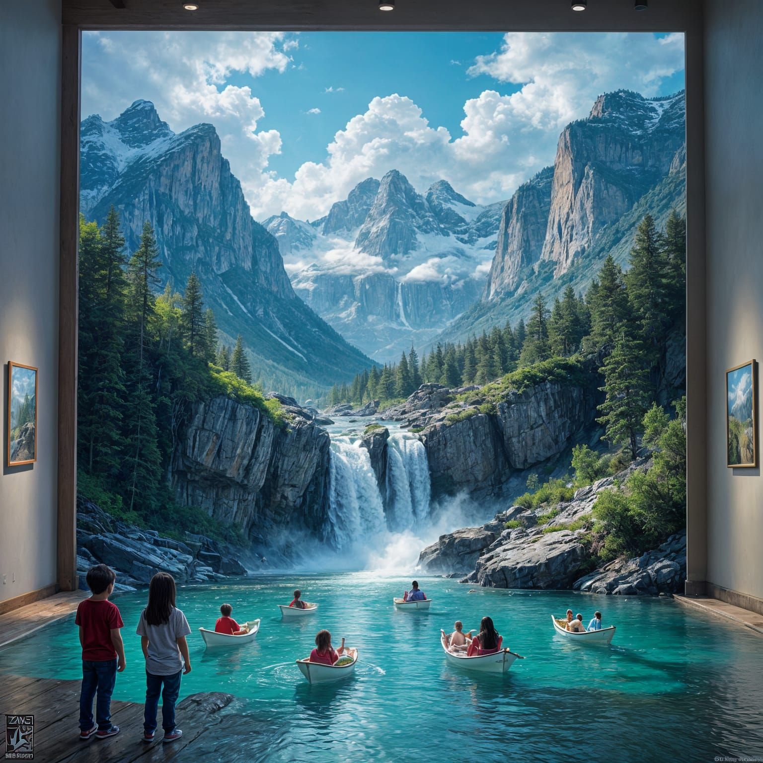 Mountain Valley Waterfall Painting with Stone Hand