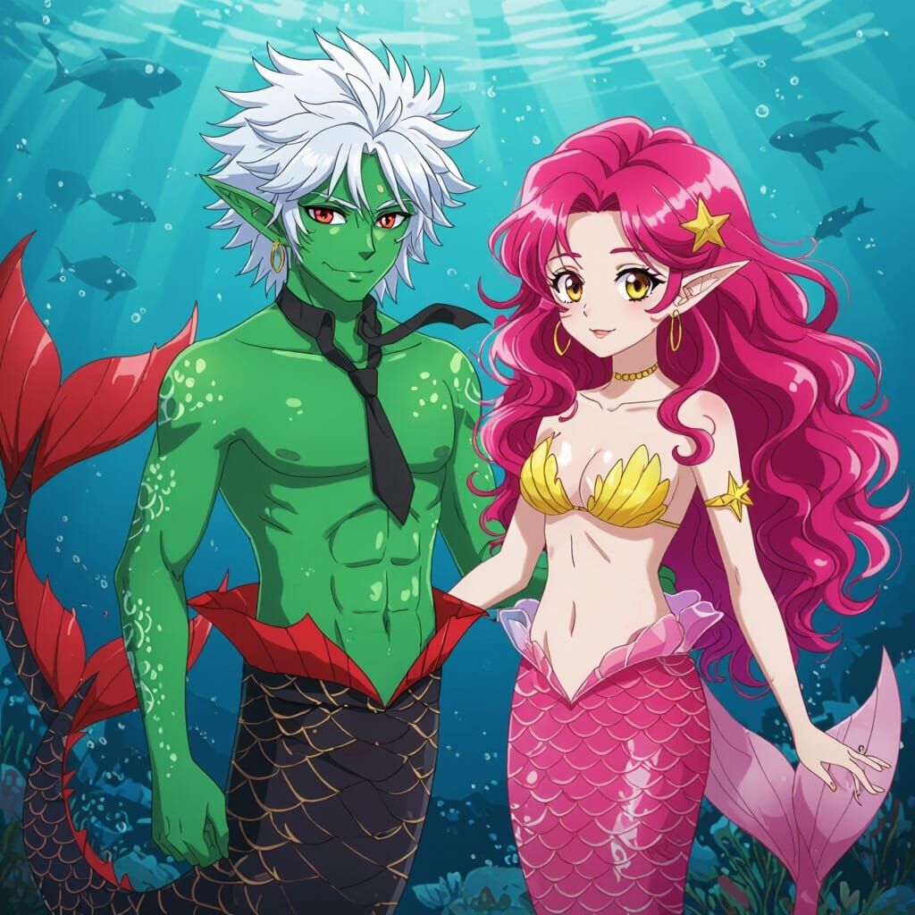 Anime Merman and Mermaid Friends Under the Sea