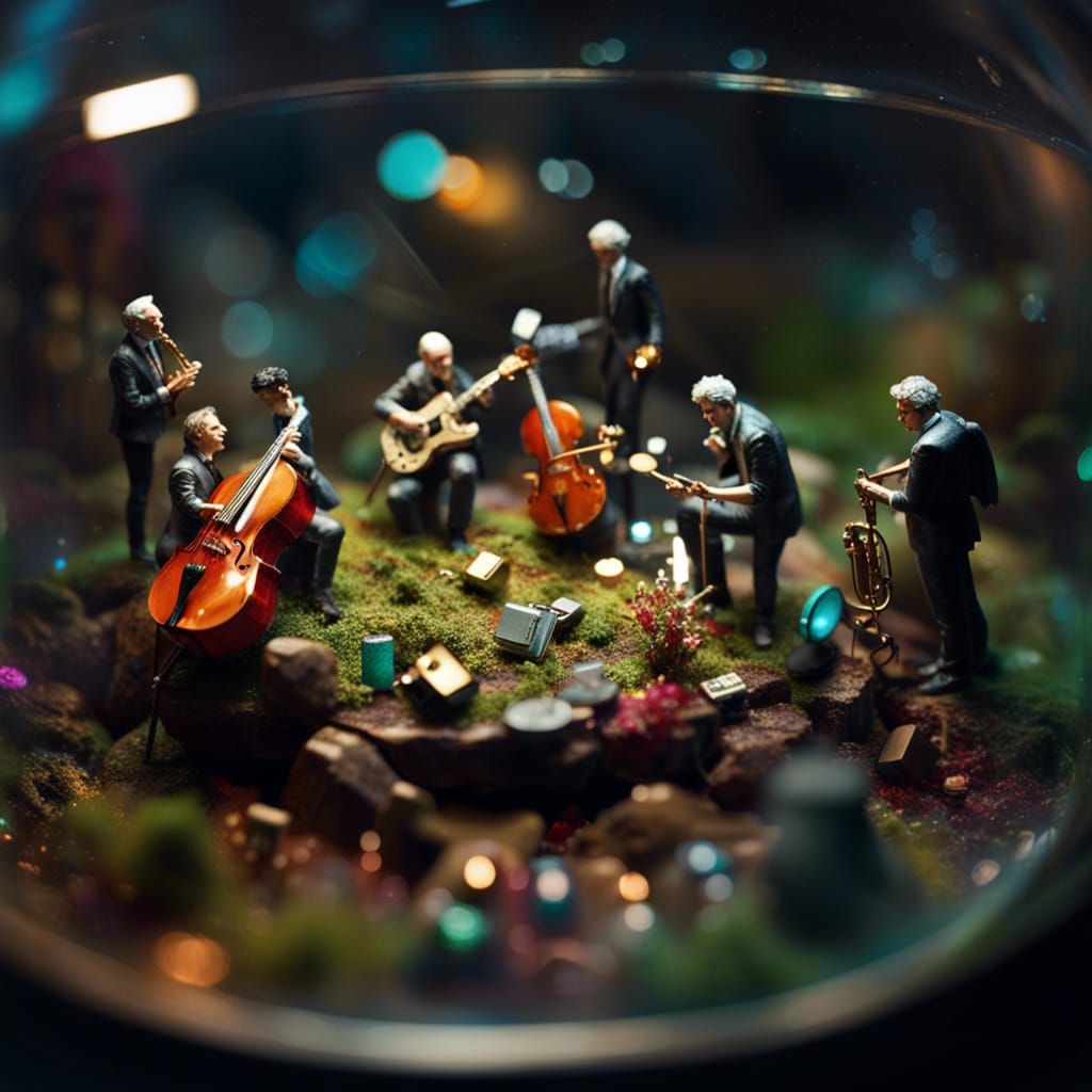 Miniature Band in Terrarium, Tilt-Shift Illustration