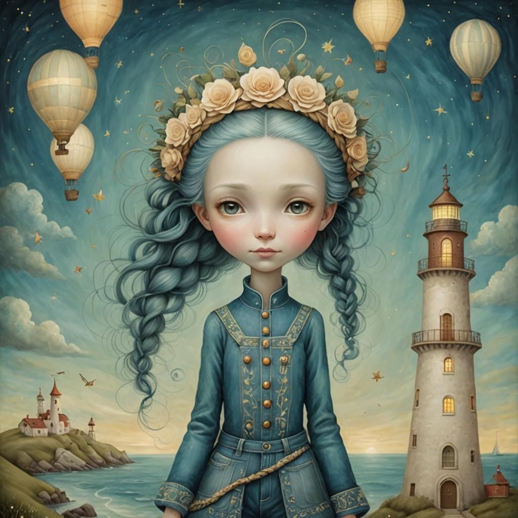 Whimsical Creature Plays Guitar by Lighthouse in Dreamlike P...