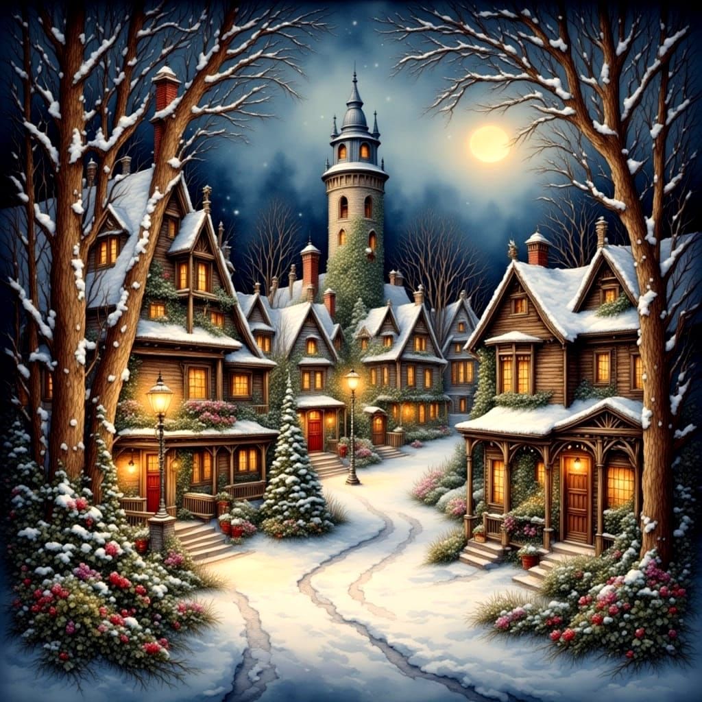 Charming Christmas Village in Antique Watercolor Style