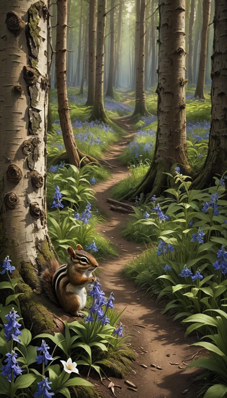 Chipmunk Amidst Bluebells and Pine: Digital Painting