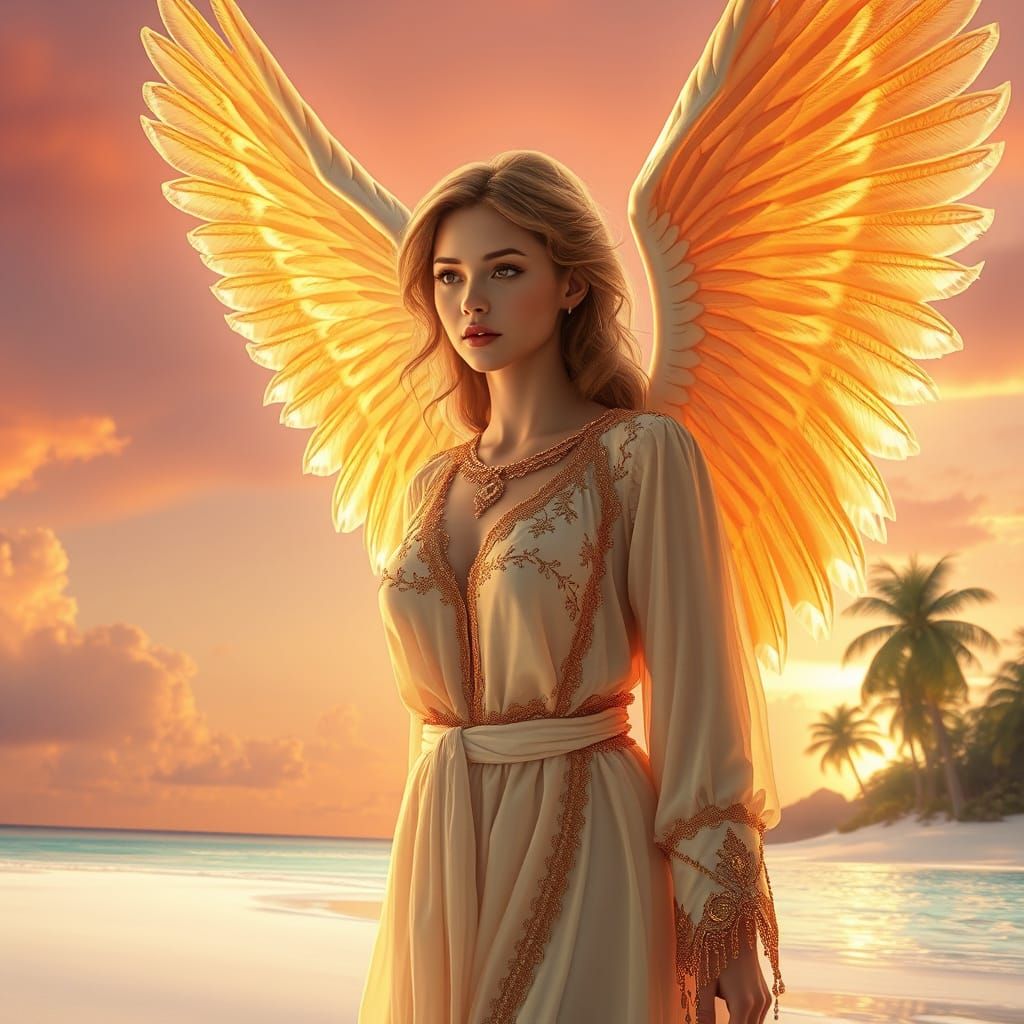 Golden Angel Soars Above Tropical Island at Sunset
