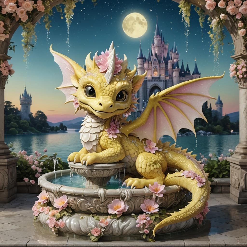 Sweet Baby Dragon in Moonlit Fairytale Castle