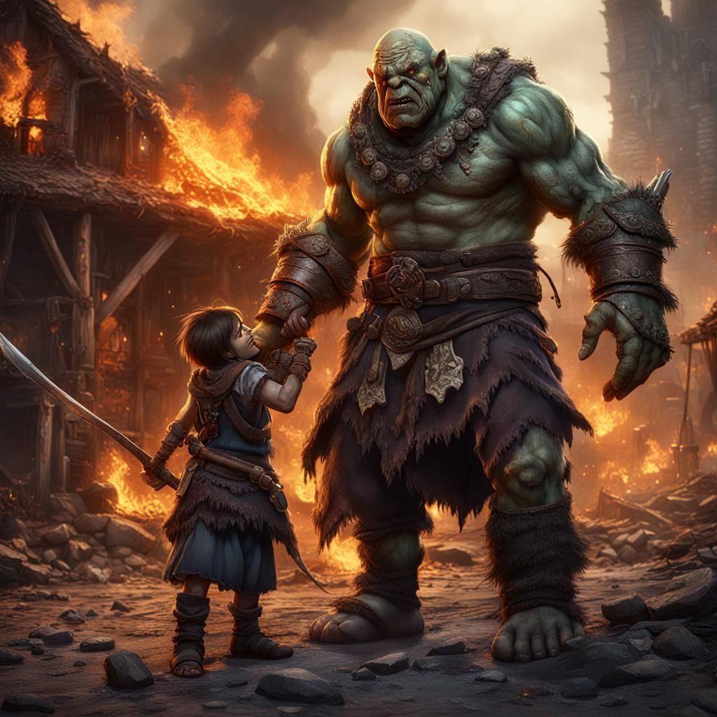 Ogre Warrior in Burning Village: Fantasy Concept Art