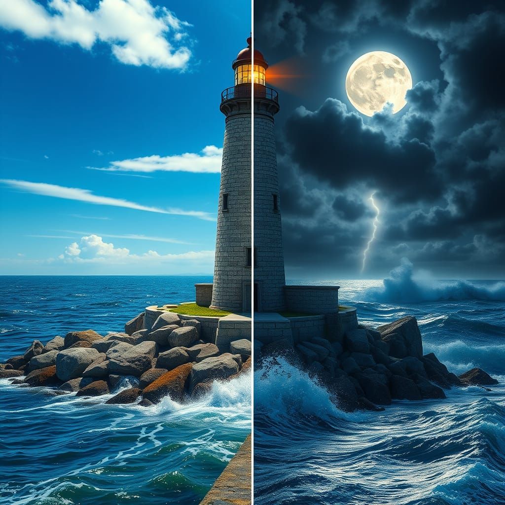 Majestic Lighthouse Illuminates Rocky Coastline in Surreal S...